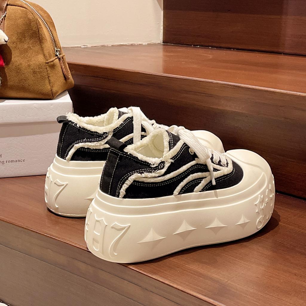 European denim big head muffin platform bread shoes women's canvas shoes lace-up versatile small height-increasing casual shoes