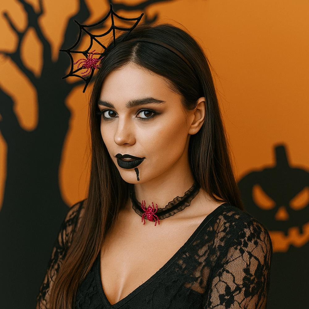 Mesh Hairband Necklace Set Ruffles Spider Web Hairband Personality Halloween Headband Ladies