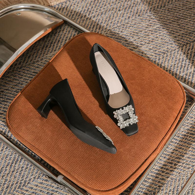 - Classic Satin Rhinestone Square Head Thick Heel High Heels Women's Fashion Simple CMCM