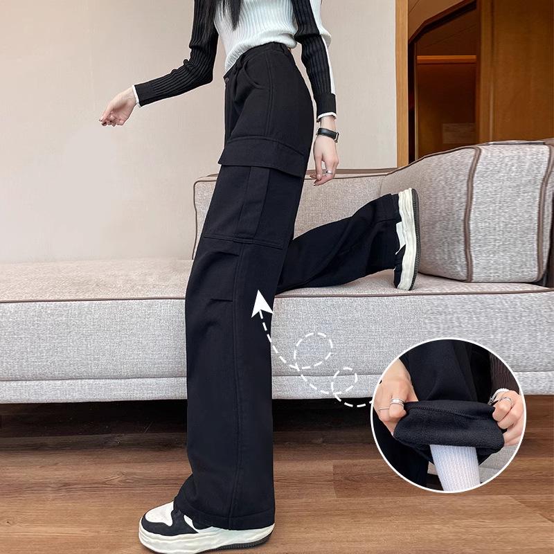 Women's Black Fleece-Lined High Waist Cargo Pants - Autumn/Winter, Slim-Fit, Straight-Wide Leg