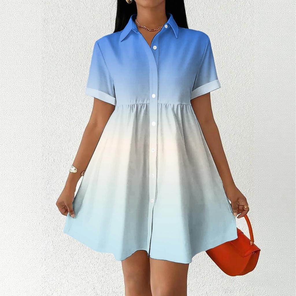 Women’s Casual Loose Fit Shirt Dress Button Down Stand Collar Short Sleeve Gradient Print Fashion Tunic Dress