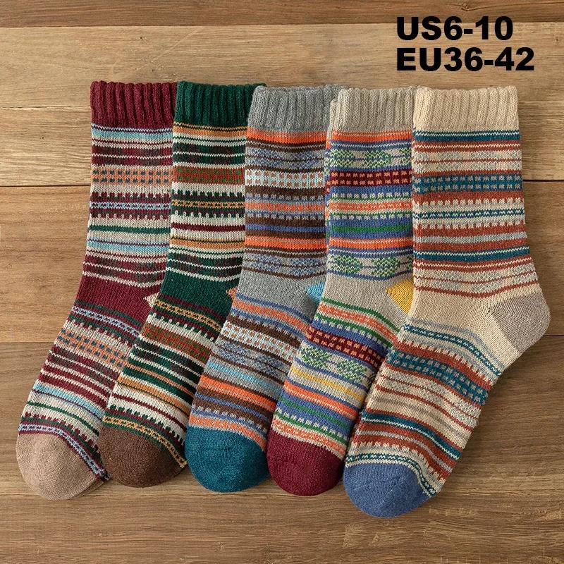 5 Pairs Lot Pack Women Socks Autumn Winter Snow Thickened Thermal Warm Folk-custom Retro Nordic Style Wool Socks Christmas Gift