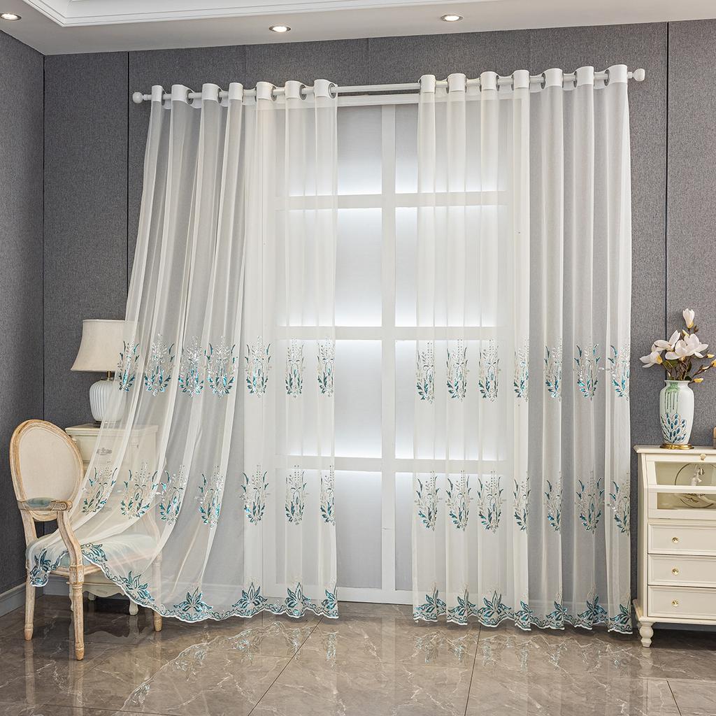 Embroidery Blue Transparent High-end Light Luxury Curtains Window Screen Bedroom Living Room Bay Window Finished Curtains