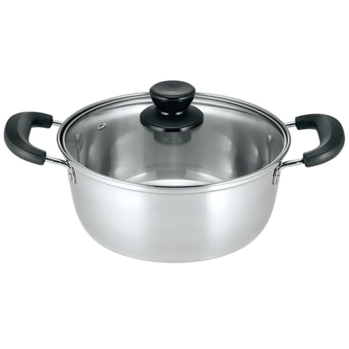 Kakusee Nilworka NW-04 Silver Two-Handled Pot, 20cm, Holds 2.6L Full, Rust-Resistant Stainless Steel with Glass Lid, Lightweight, Induction Compatible