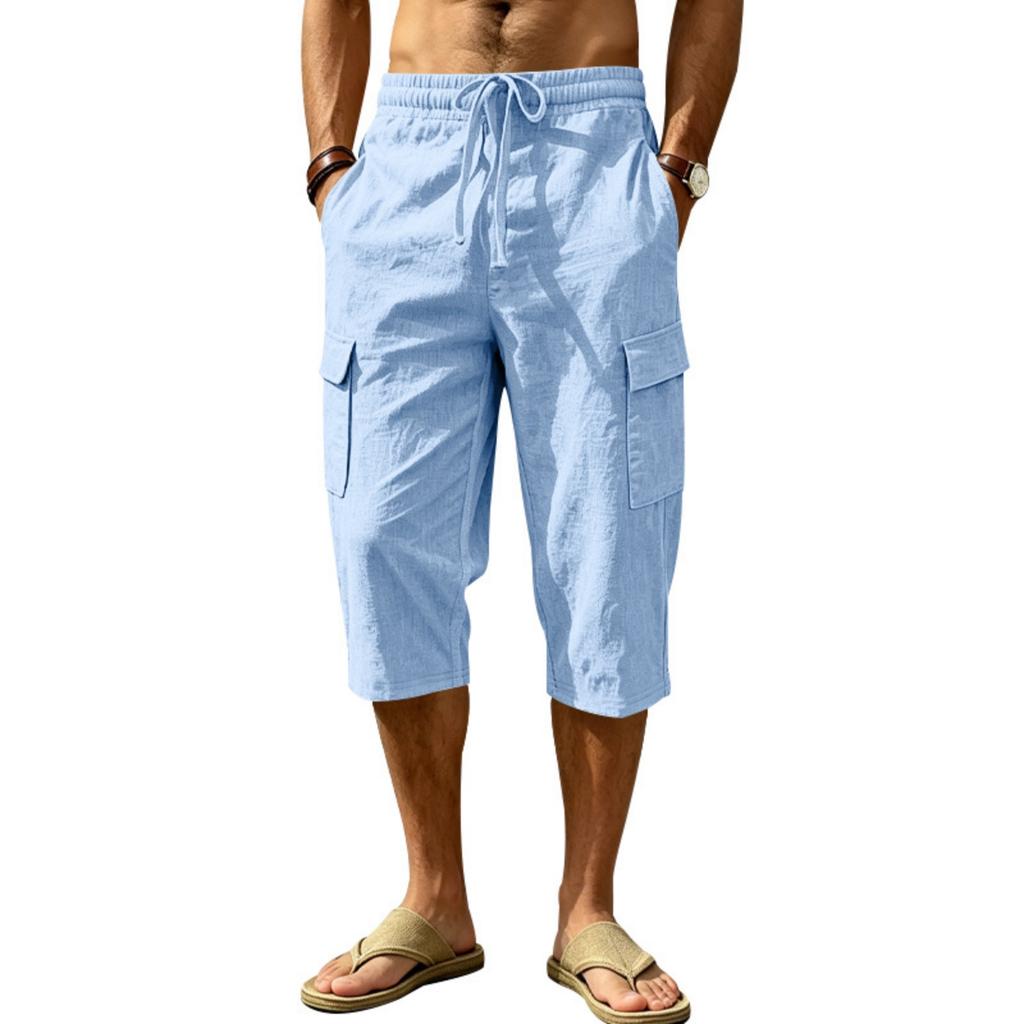 Men Linen Casual Outdoor Cargo Seven Shorts Multi Pocket Loose Fit Lightweight Drawstring Waist