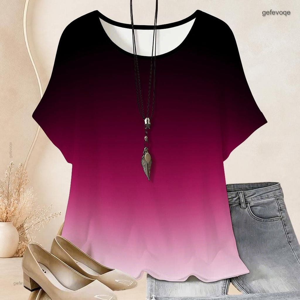 Women Plus Size Round Neck Batwing Short Sleeve Loose Gradient Printed Top
