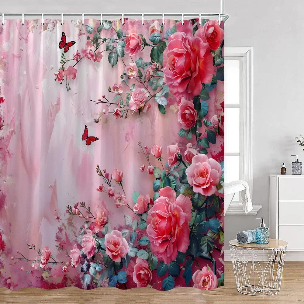 Romantic Rose Shower Curtain - Vibrant Floral & Butterfly Designs for Elegant Bathroom Décor, Waterproof, Easy Care & Soft Touch