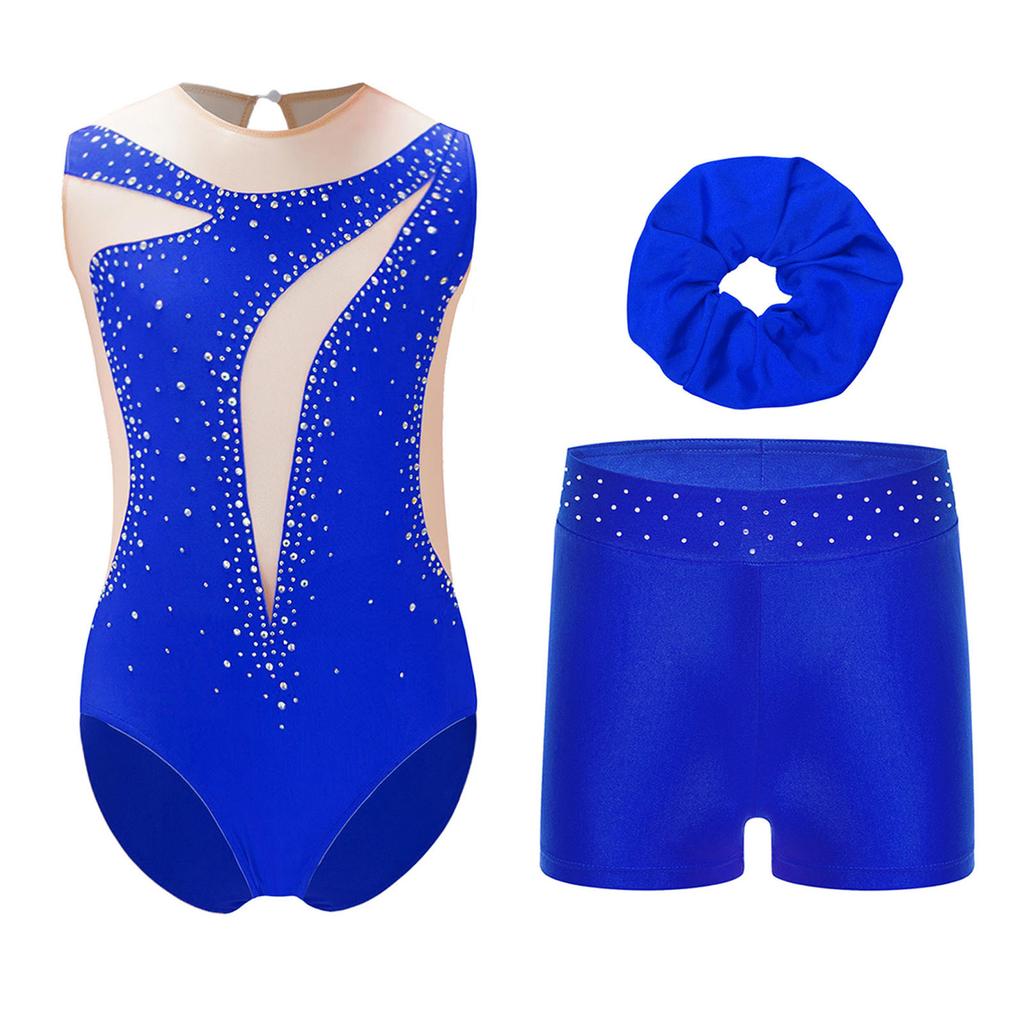 Girls Sheer Mesh Leotard Rhinestones Shorts Hair Tie Headwear Dance Figure Skating Gymnastics Outfit Set