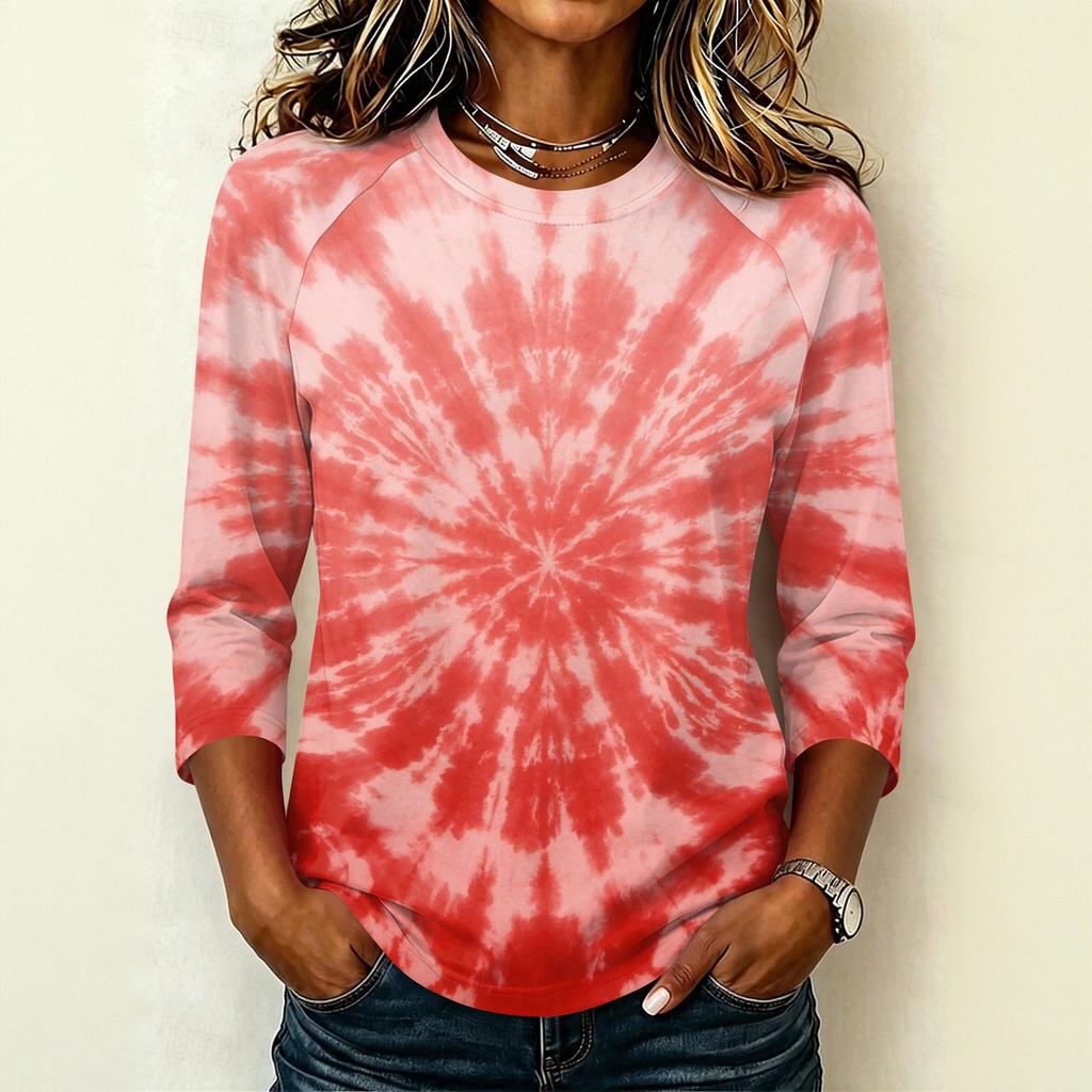 Damen Lässiger Raglanärmel Pullover T-Shirt Rundhalsausschnitt Dreiviertelarm Batik Print Oberteil für den Alltag