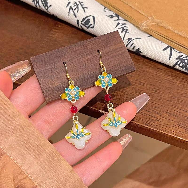 Antique elegant Hanfu versatile enamel glaze flower ear hook niche design fringed earrings retro temperament trendy earrings