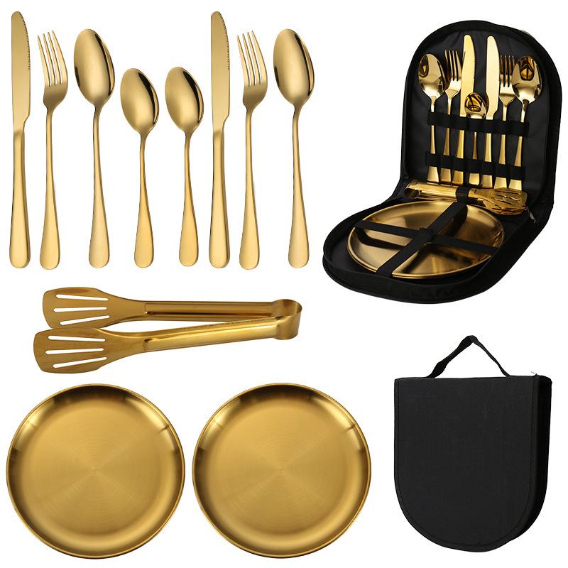 Outdoor stainless steel tableware set, portable travel camping 10-piece set, barbecue plate, food clip, knife, fork, spoon.