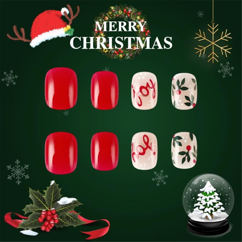 Christmas Artificial Nails Snowflake False Nails Full Cover Stick on Nails Short Square Press On Nails for Women Girls