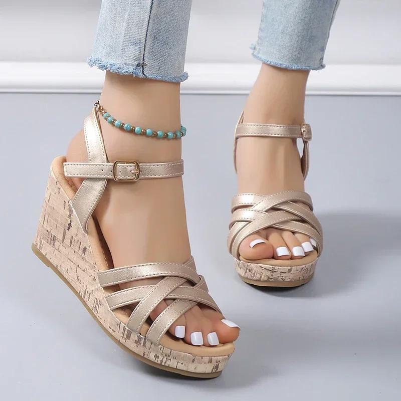 Neue Knöchelriemen Keilabsatz Sandalen für Damen 2025 Riemchen Dicke Plateau Sandalen Frau Sommer Schnalle Gladiator Schuhe Damen