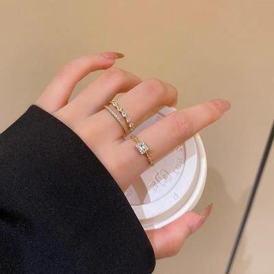 Adjustable Micro-Set Square Diamond Ring for Women - Trendy, Double-Layer Zircon Index Finger Ring, Popular Cool Style