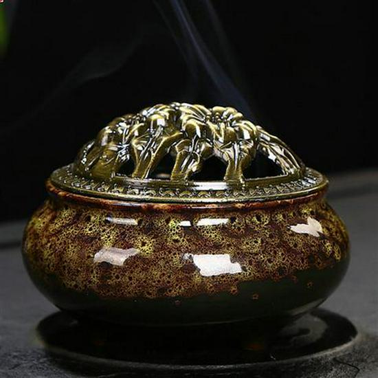 Colorful Crackle Glaze Ceramic Aromatherapy Burner with Bronze Cover for Household Incense and Mosquito Repellent