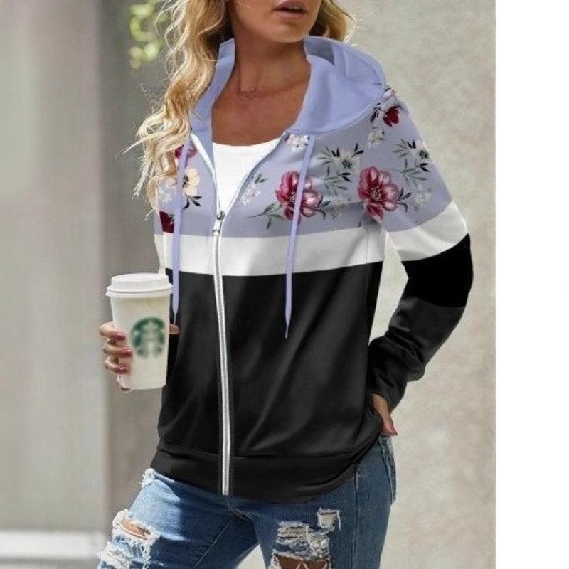 Autumn Women Hoodies Fashion Plaid Pattern Zipper Placket Cardigan Jacket Regular Fit Long Sleeves Casual Hooded Coat Spring Autumn Female Clothing