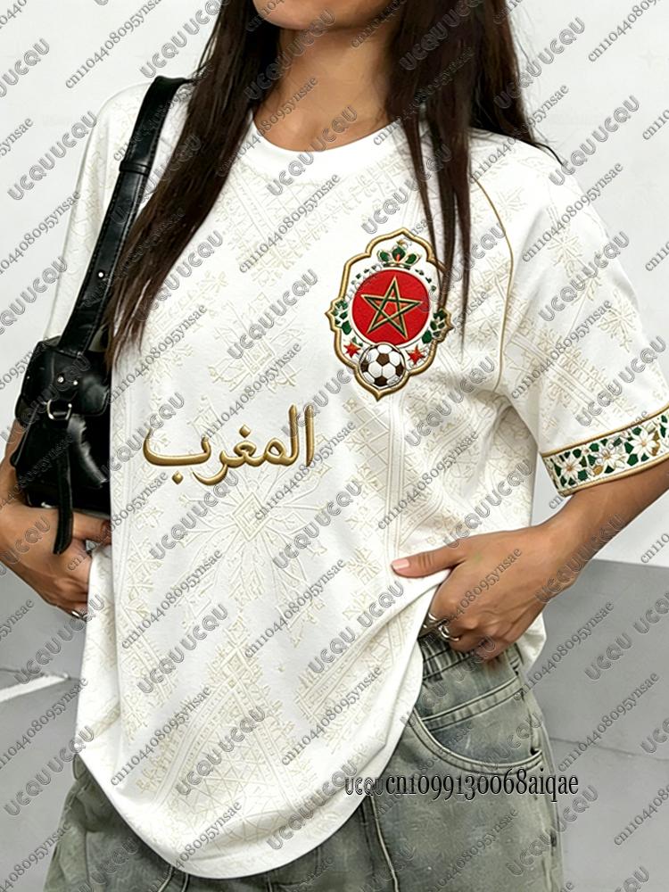 2026 Morocco Vintage Red Print Football T-shirt For Women Quick-dry O-neck Short Sleeve Fans Uniform Y2K Sports Football Jerseys