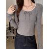 Women's Sweet & Spicy Bow Tie Lace Spliced Long Sleeve Slim Fit Top