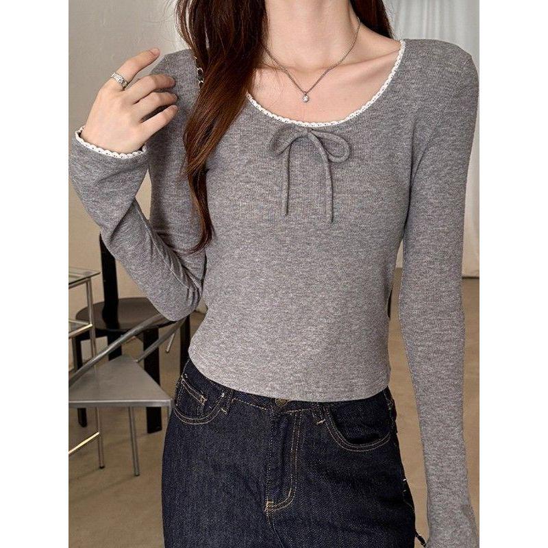 Women's Sweet & Spicy Bow Tie Lace Spliced Long Sleeve Slim Fit Top