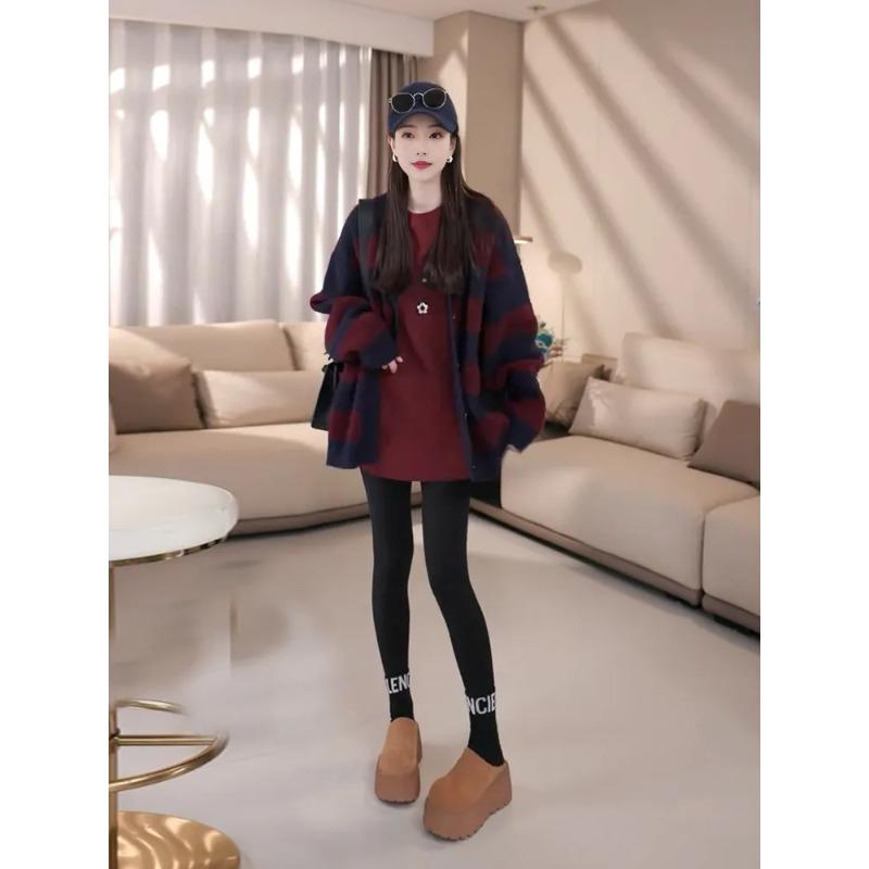 Large size autumn and winter new loose retro lazy style color matching striped sweater knitted cardigan jacket female trend