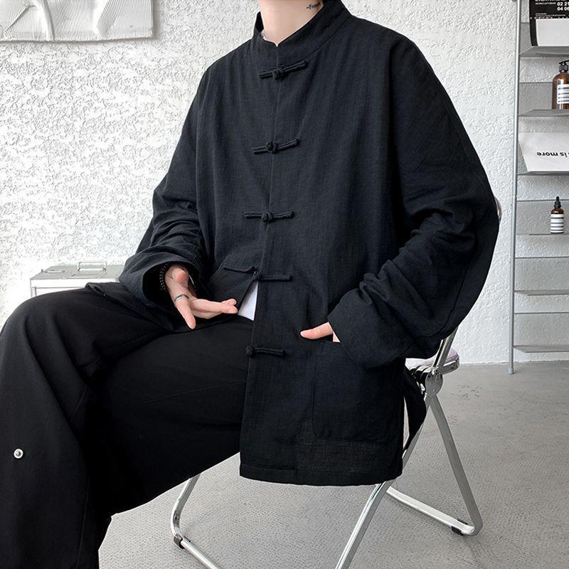 Men's Plus Size Cotton Linen Mandarin Collar Shirt with Frog Buttons