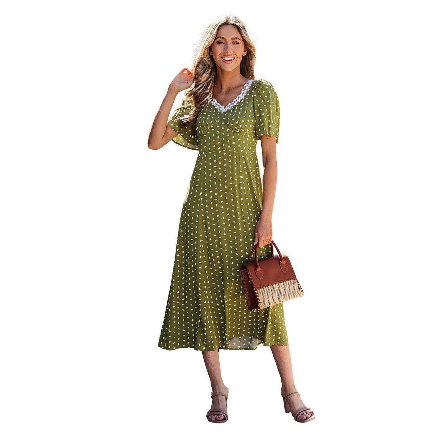 2026 Summer Sweet Polka Dot V-Neck Short-Sleeve Lace Patchwork Maxi Dress Small