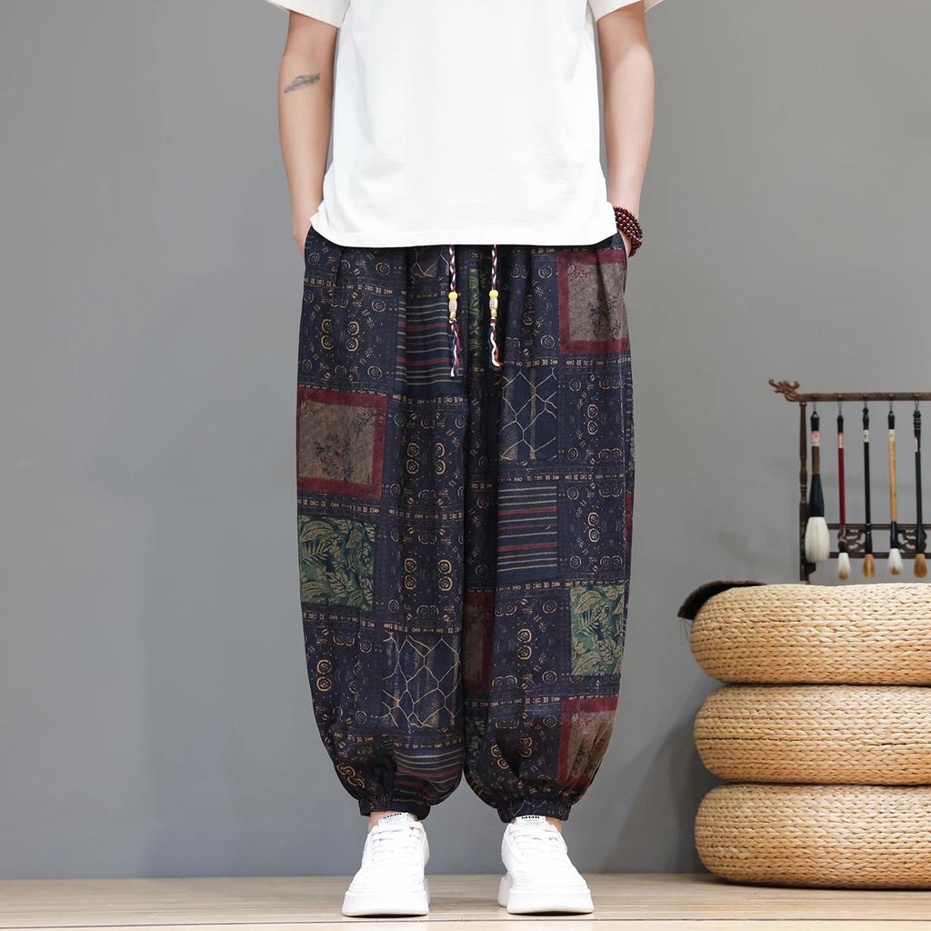 Pantaloni Stampati Stile Etnico Estivi Sottili Coulisse Pantaloni a Lanterna Cinesi Taglie Forti Gamba Larga Pantaloni Harem Bassi Casual Larghi