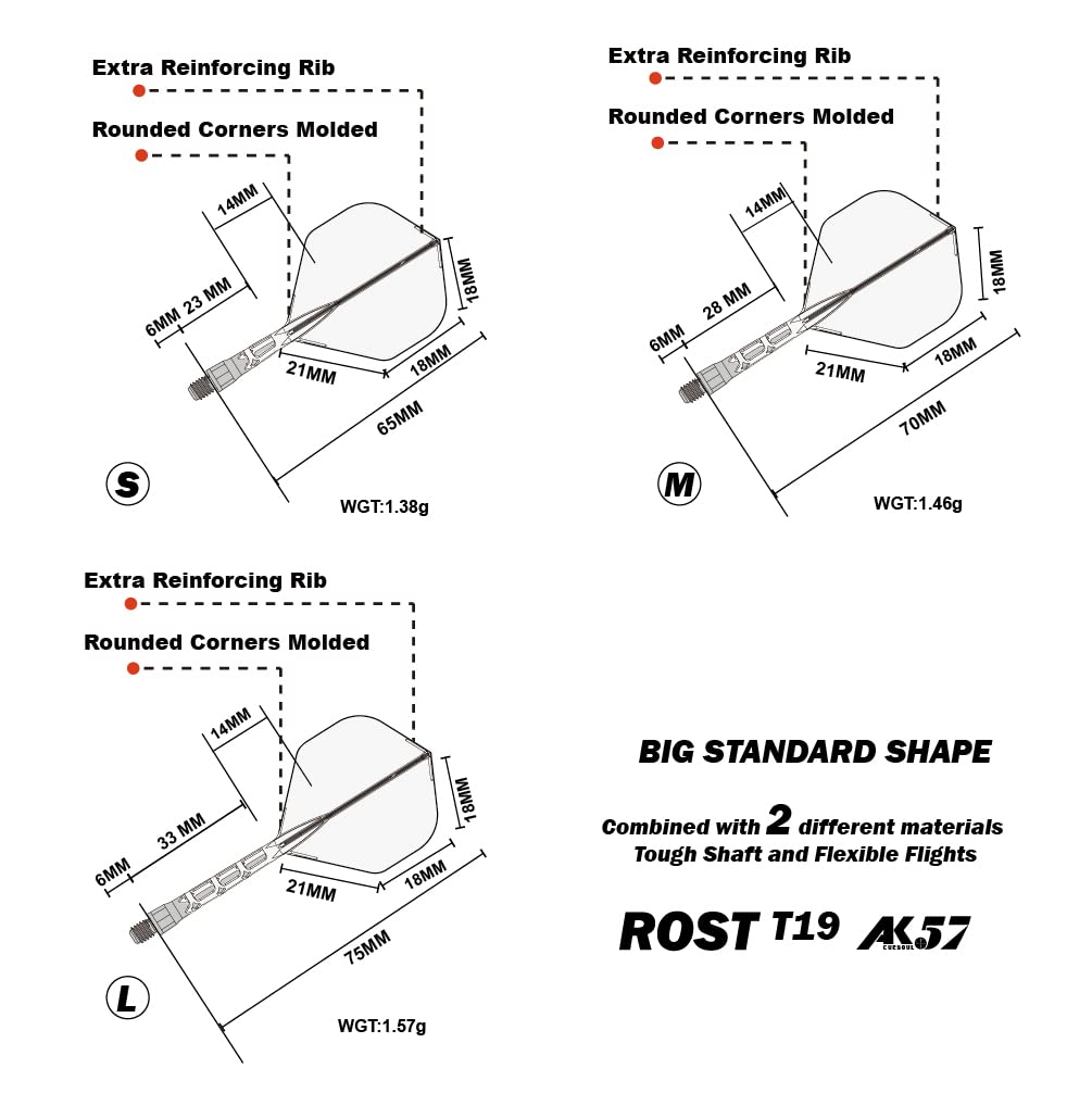Cuesoul ROST T19 Shaft Integrated Big Standard Red Clear Small Two-Tone Dual-Material Flights, Shape, 3-Club Set, Flights, Shafts, (CS-AK57DB2S)