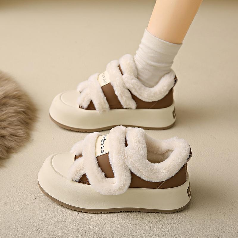 Women's Retro Velcro Thick Sole Fashion Lightweight Soft Sole Winter Warm Fur One Snow Boots Fluffy Lined Non-slip Casual Sports Cotton Boots