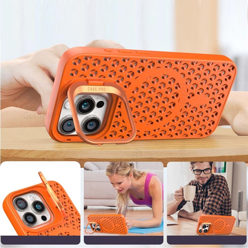 Flip Lens Kickstand Case For Magsafe Cover For iPhone Apple 17 Pro Max 15 Plus 14 13 16 Pro Wireless Charging Cooling Heat Dissipation Magsafing Cover