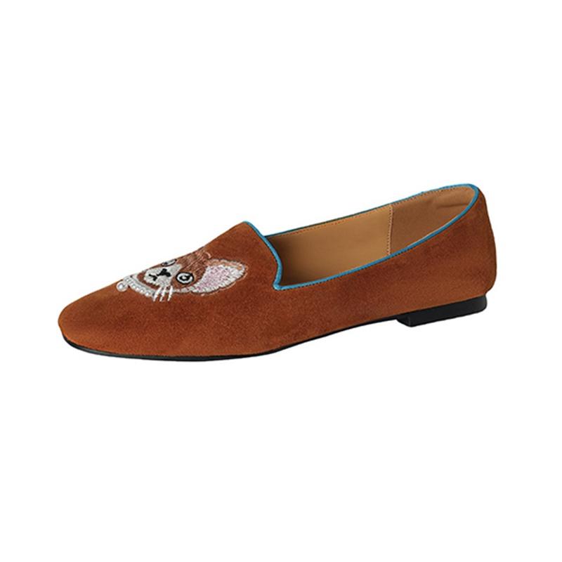 Fashion Women's New Genuine Leather Sheepskin Sheep Suede Embroidery Totem Low Heel Large Comfortable Casual Single Shoe