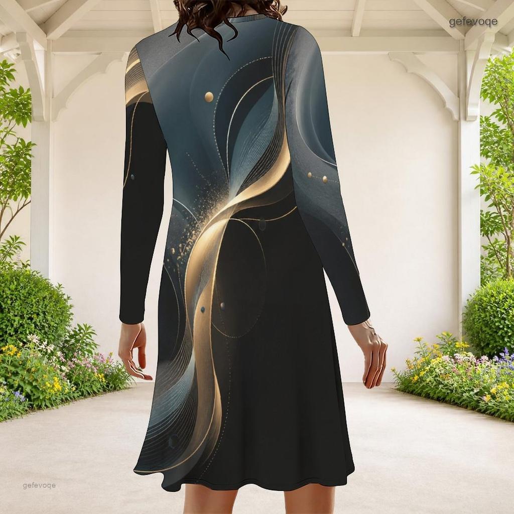 Women Plus Size Long Sleeve Round Neck Abstract Printed Black A Line Midi Dress