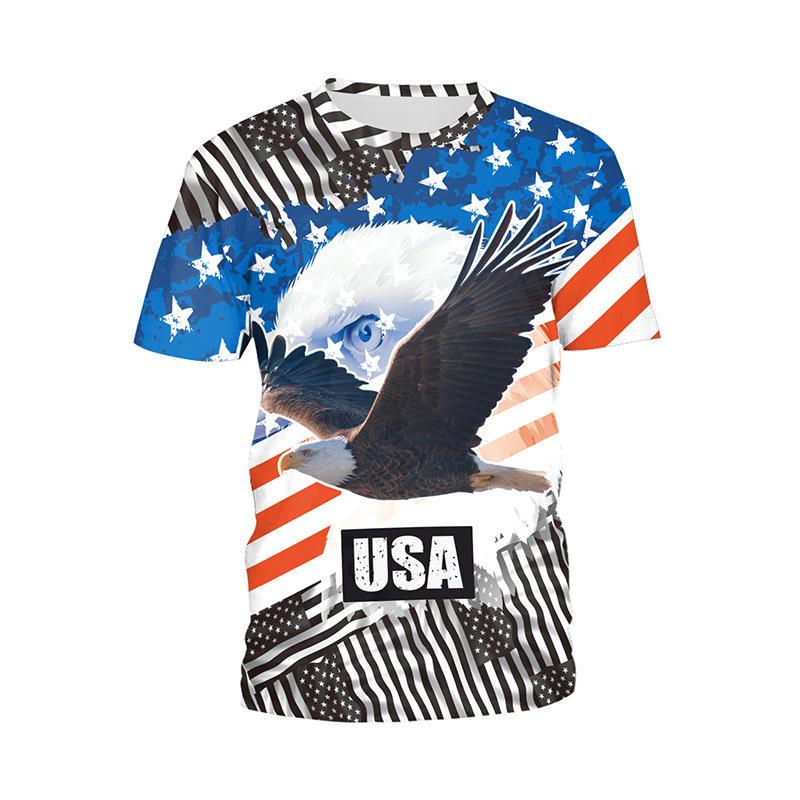 Summer Round Neck 3D American Flag and Animal Graphic Print T-shirts Fashionable Casual Short Sleeved Men's T-shirts