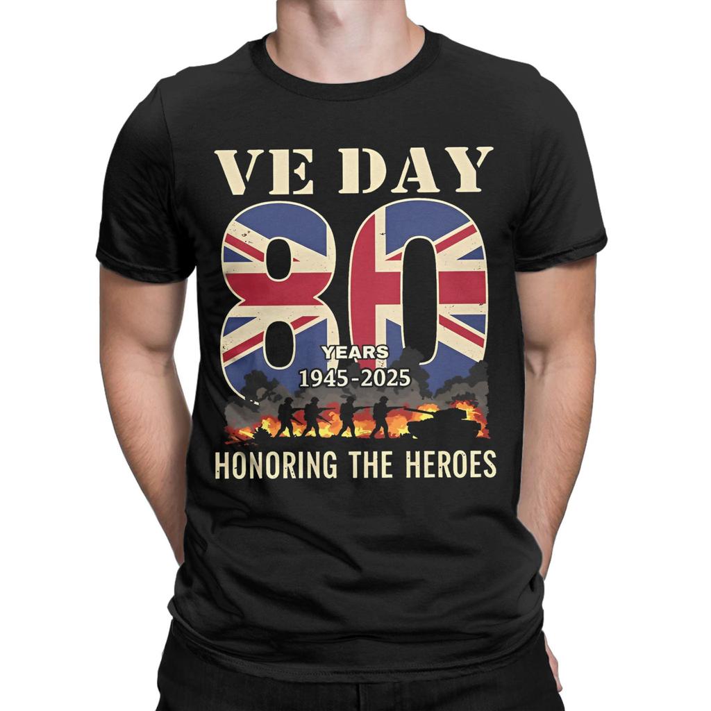 Leisure Ve Day 80th Anniversary 2025 WWII Fire T-Shirt Men Crew Neck 100% Cotton T Shirts UK Flag Short Sleeve Tee Adult Clothes