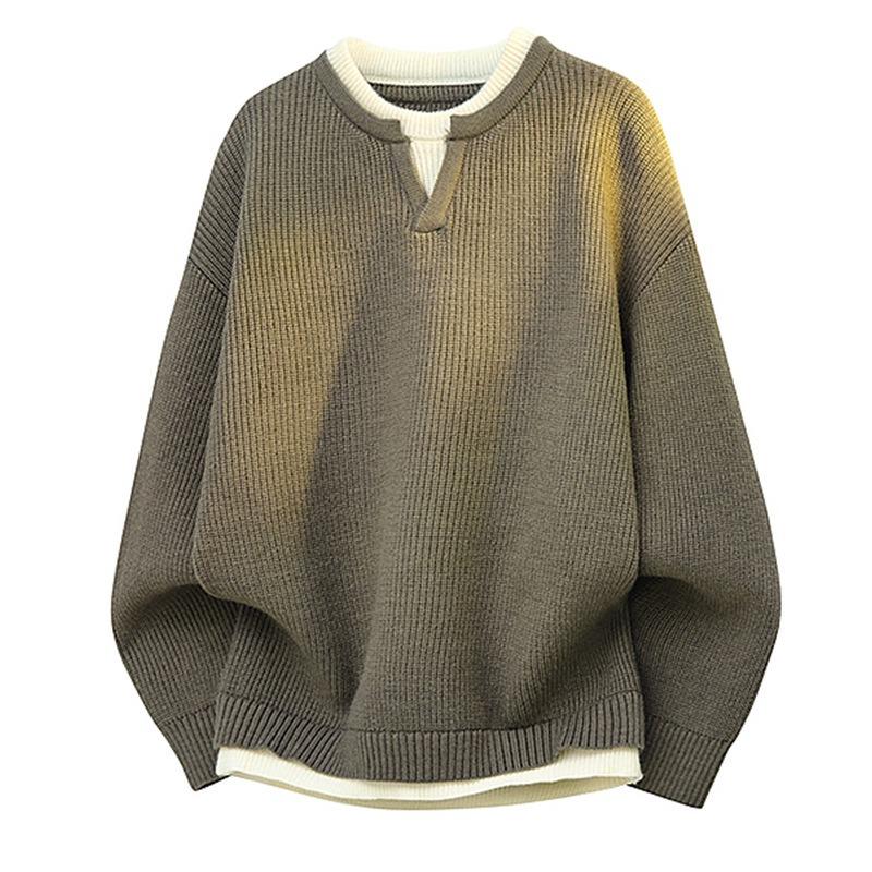 Mens Fake Two Piece Patchwork Thick Knit Loose Pullover Sweater