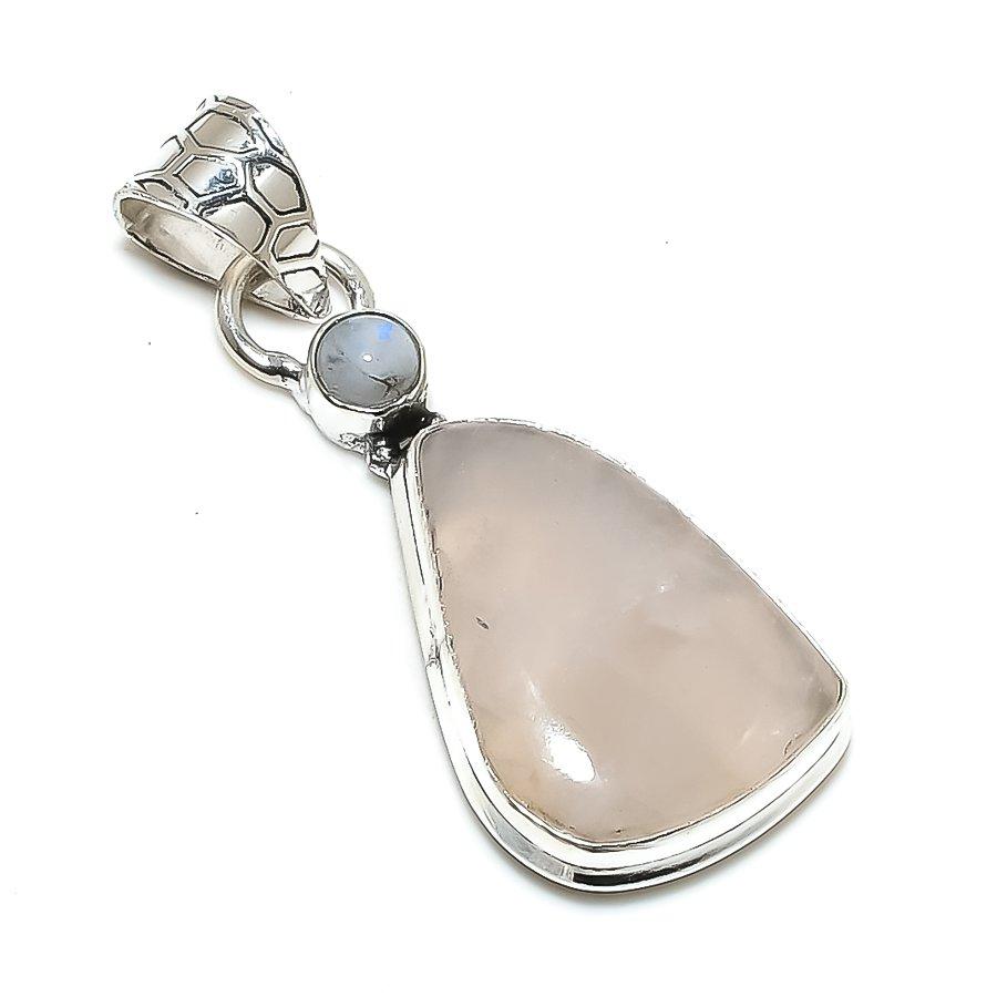 Rose Quartz, Moonstone Gemstone 925 Sterling Silver Jewelry Pendant 2.09" SU-9976