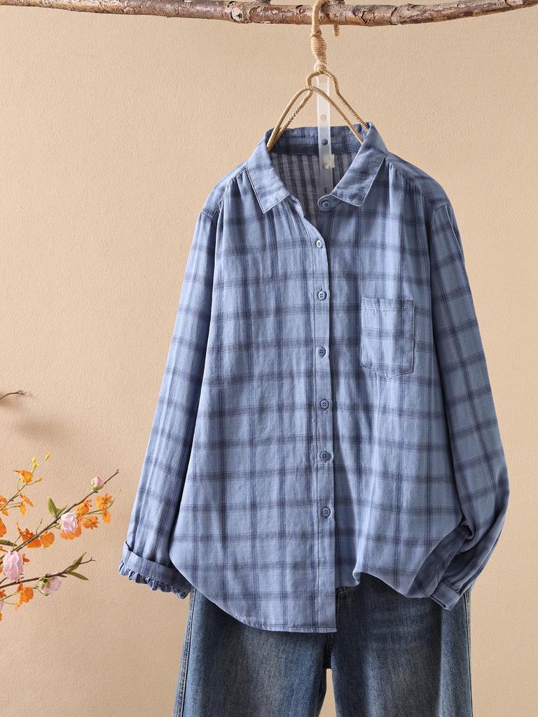 Women's Long Sleeve Japanese Style Plaid Shirt - Double-layer, Skin-friendly, Breathable Pure Cotton