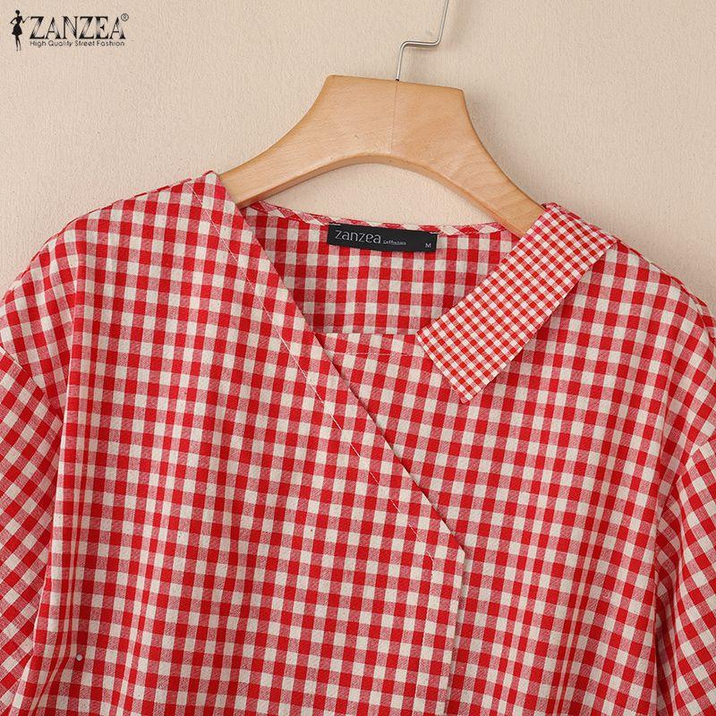 ZANZEA Women Casual V-neck Summer Short Sleeve Grid Print Blouse