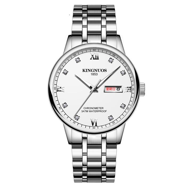 Top Brand New Fashionable Men's Steel Band Double Calendar Watch Diamond-encrusted Waterproof Luminous Roman Numerals Student Large Dial Watch