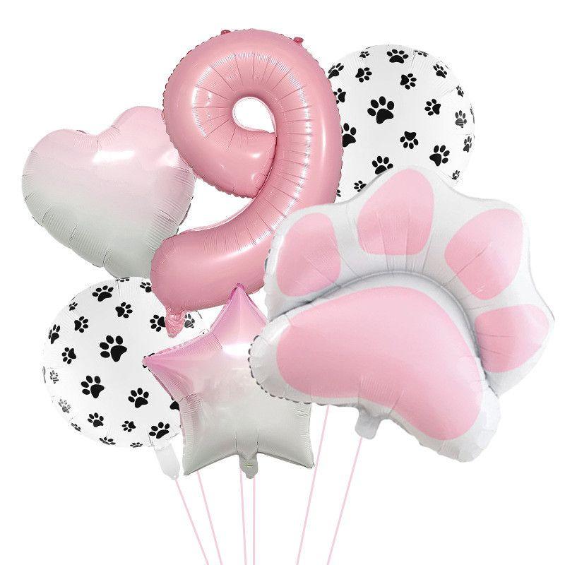 Pink and Cute Cat Paw Birthday Balloon Set, Pet Birthday Balloon, Cute Pink Digital Balloon Set