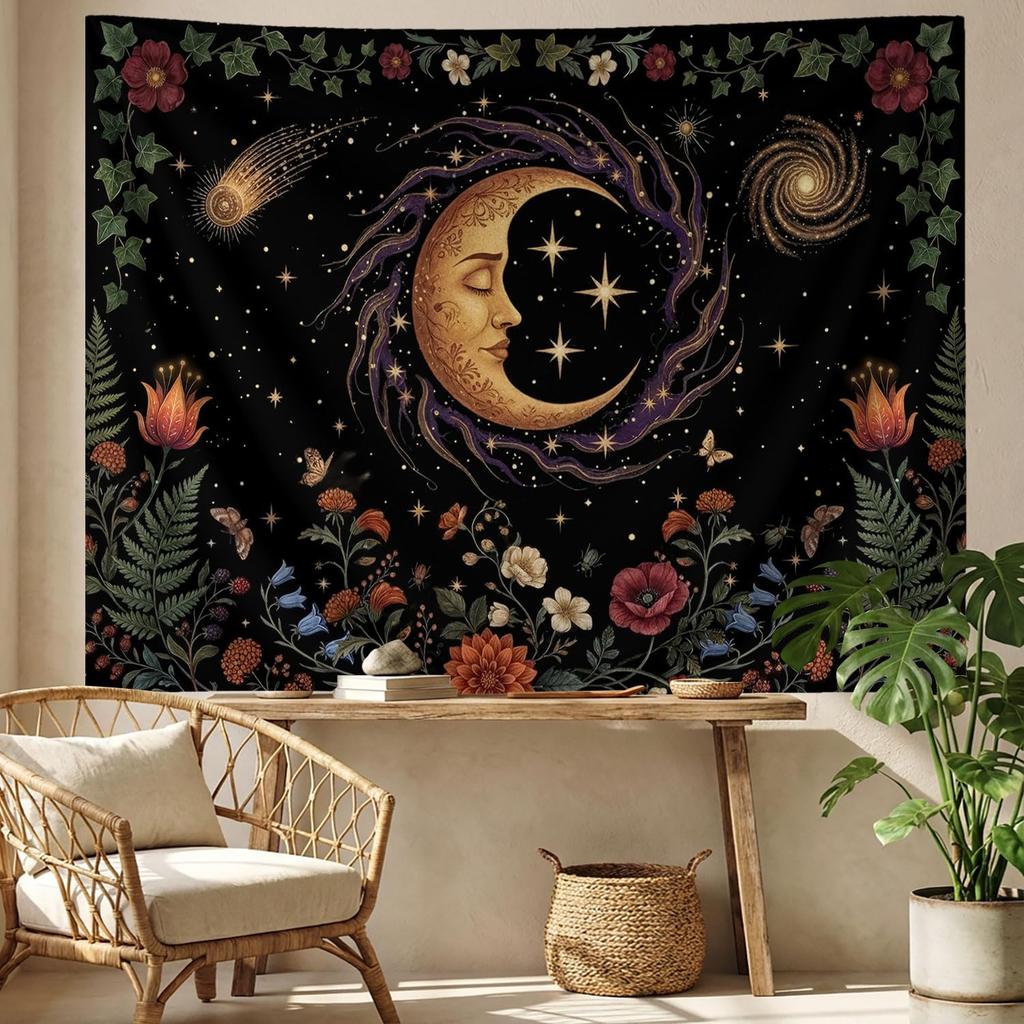 Celestial Moon Tapestry Aesthetic Floral Wall Decor, Vintage Wildflower Garden and Moonlit Night Sky Witchy Boho Tapestries