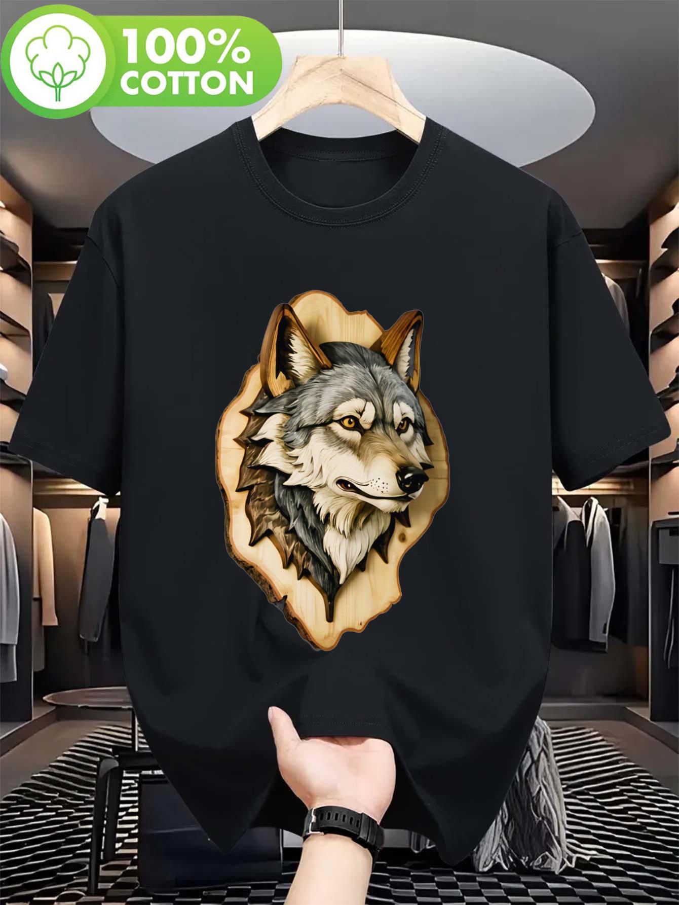 Black 100% Cotton Tshirt with Wolf Head Graphic Print - B... M