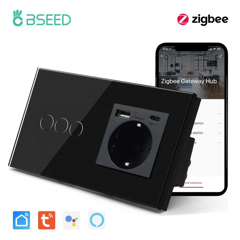 BSEED Zigbee 1/2/3Gang Wall Touch Switches With Normal EU Socket USB Type-C Ports Tuya Smart Life App Ccontrol Glass Panel