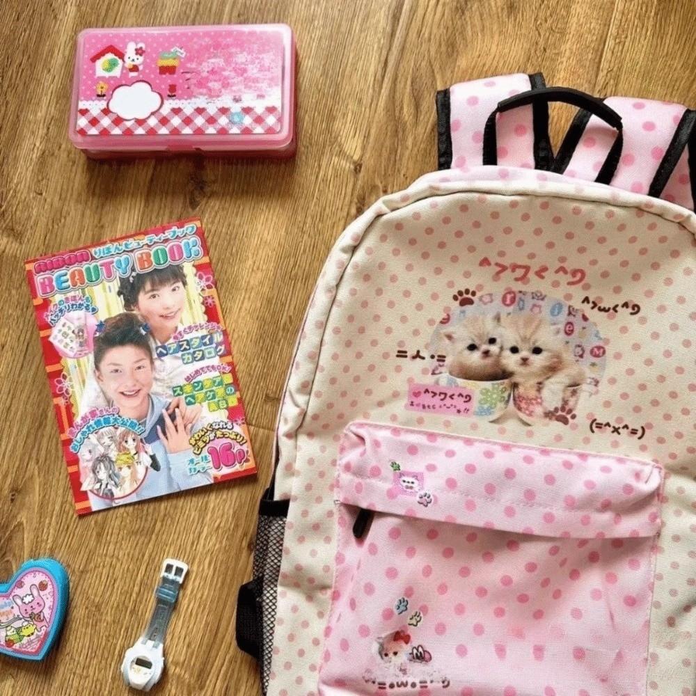 Kawaii Contrast Color Cat Dot Backpacks Patchwork High-capacity Preppy Schoolbags Shoulder Bag Students Girl Travel Book Bag