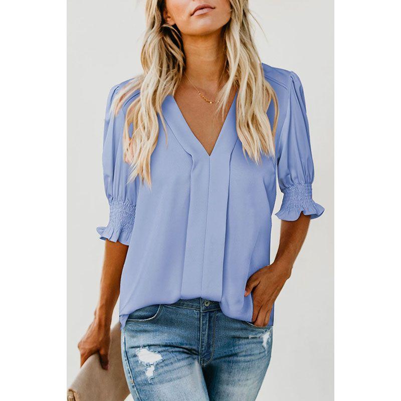 

Summer Fashion V Neck Pullover Shirt Short Sleeve Light Blue Size M fit (55.00 kg-65.00 kg