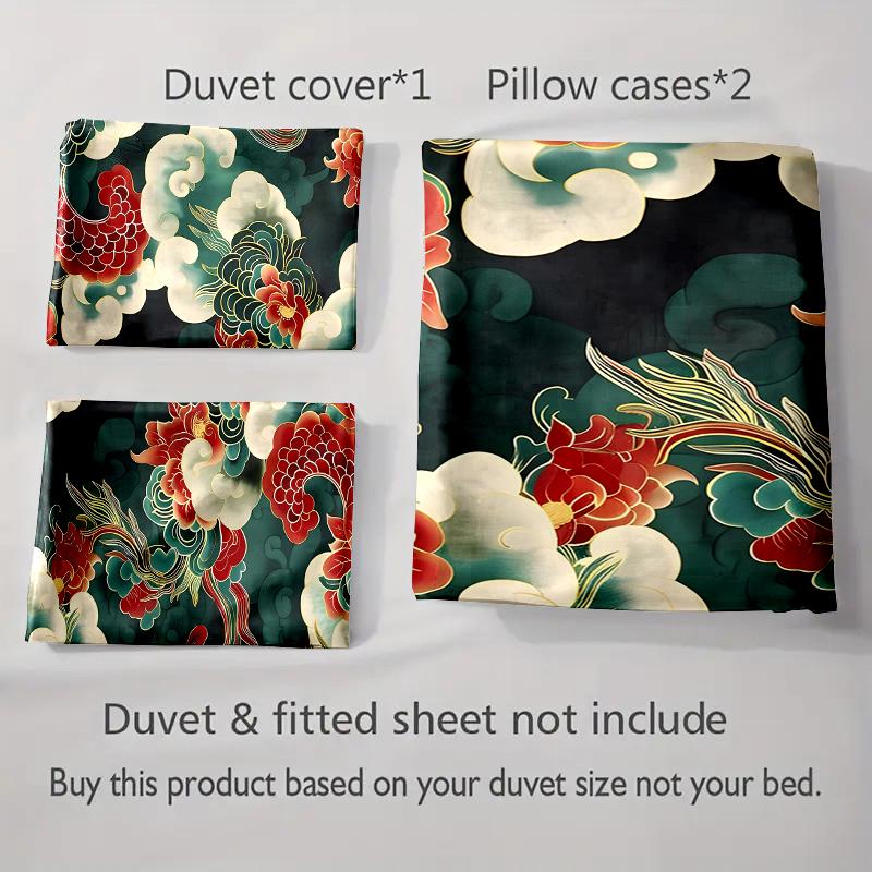Dragon-themed floral. Bedding Duvet cover sets Duvet covers Pillowcases gifts (1 * Duvet Cover 2 * Pillowcases, without duvet insert)