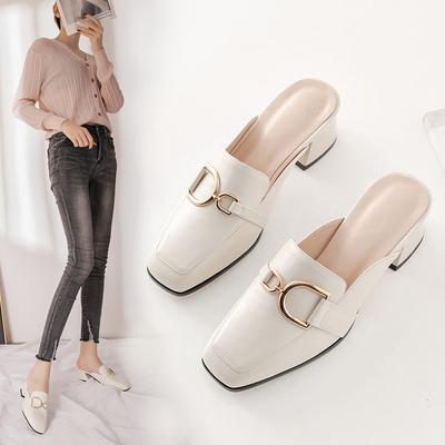 Thick Heel Half Slippers Women's Spring/Summer Baotou Sandals, Middle Heel, One Step Single Shoes