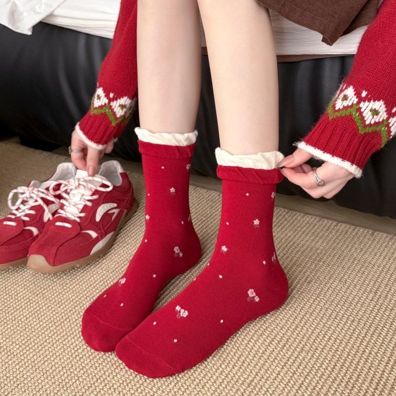 Bow Stripe New Year'S Big Red Socks Women'S Mid-Tube Socks Pure Cotton Edge Horse Year Stockings