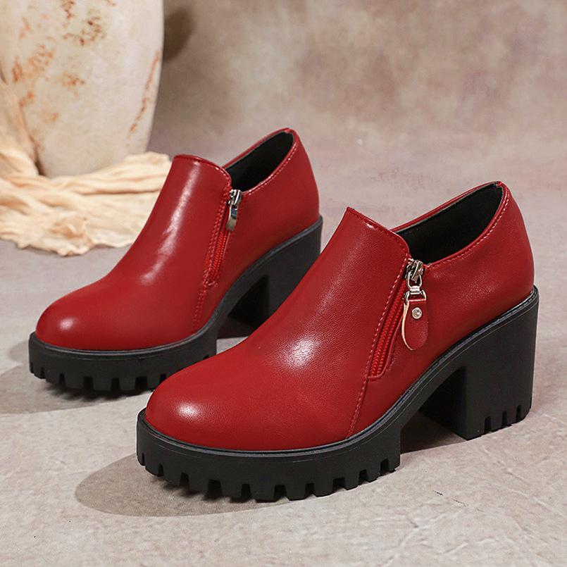 Fashion High Heels Women Leather Shoes 2025 Spring Autumn Thick Bottom Round Head Women Shoes Deep Mouth Side Zipper Pumps for Women