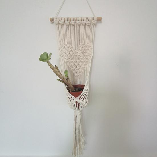 Braided Hanging Basket, Bohemian Wall Tapestry, Knotted Rope Tapestry, Plant Pot Holder Vase Basket for Living Room Nursery Decor